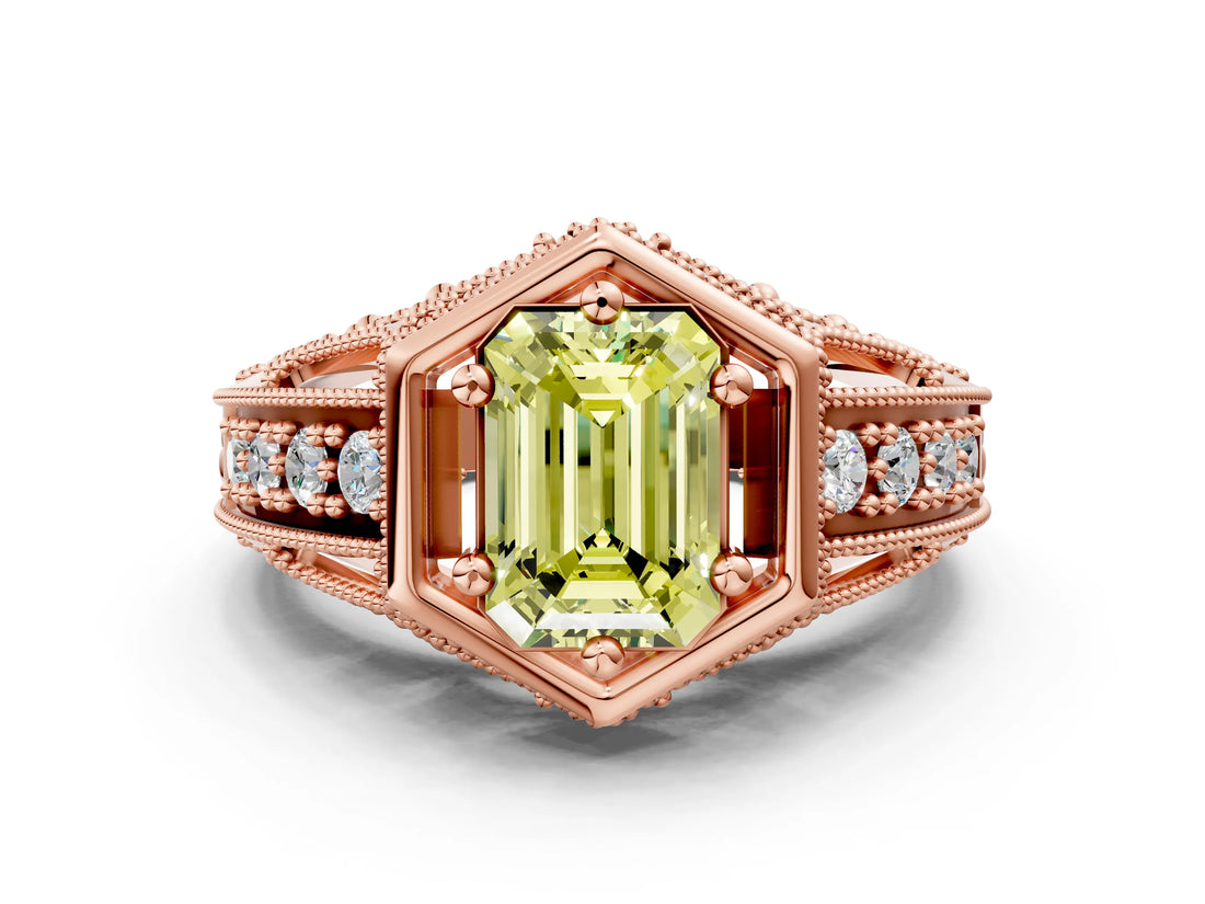 Rose gold Hexagon Bezel Fancy Yellow Emerald Cut Diamond Milgrain Split Shank Ring
