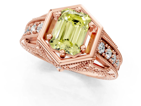 Rose gold Hexagon Bezel Fancy Yellow Emerald Cut Diamond Milgrain Split Shank Ring