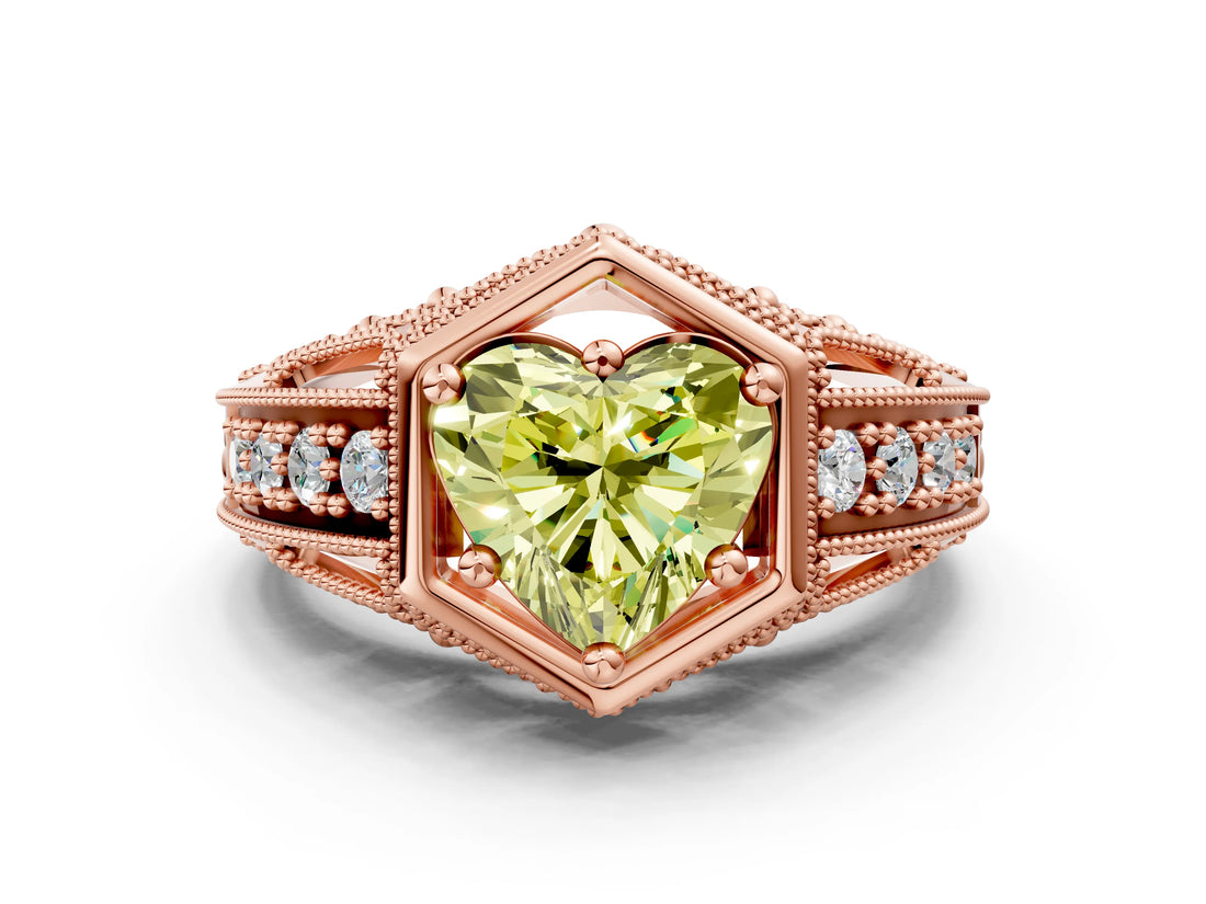 Rose gold Hexagon Bezel Fancy Yellow Heart Cut Diamond Milgrain Split Shank Ring