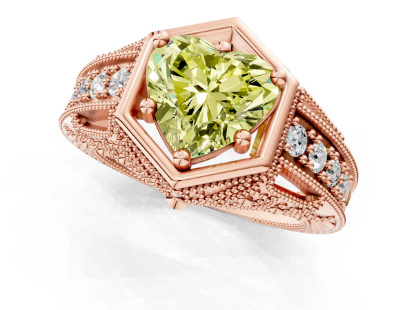 Rose gold Hexagon Bezel Fancy Yellow Heart Cut Diamond Milgrain Split Shank Ring