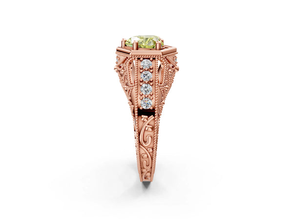 Rose gold Hexagon Bezel Fancy Yellow Heart Cut Diamond Milgrain Split Shank Ring