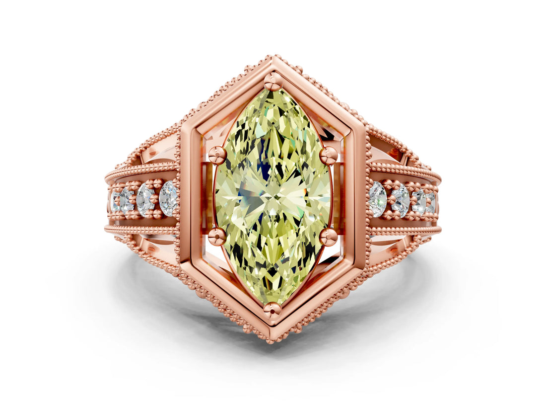 Rose gold Hexagon Bezel Fancy Yellow Marquise Cut Diamond Milgrain Split Shank Ring