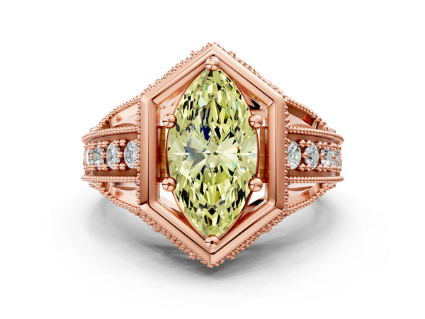 Rose gold Hexagon Bezel Fancy Yellow Marquise Cut Diamond Milgrain Split Shank Ring