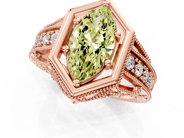 Rose gold Hexagon Bezel Fancy Yellow Marquise Cut Diamond Milgrain Split Shank Ring