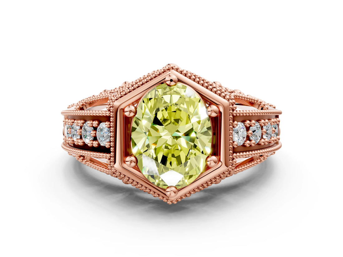 Rose gold Hexagon Bezel Fancy Yellow Oval Cut Diamond Milgrain Split Shank Ring