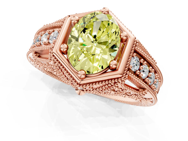 Rose gold Hexagon Bezel Fancy Yellow Oval Cut Diamond Milgrain Split Shank Ring