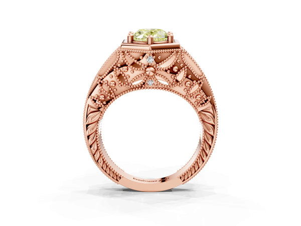Rose gold Hexagon Bezel Fancy Yellow Oval Cut Diamond Milgrain Split Shank Ring