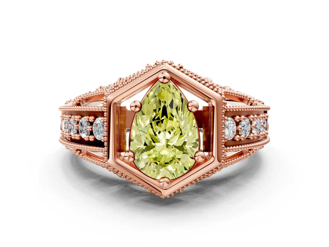 Rose gold Hexagon Bezel Fancy Yellow Pear Cut Diamond Milgrain Split Shank Ring