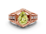 Rose gold Hexagon Bezel Fancy Yellow Pear Cut Diamond Milgrain Split Shank Ring