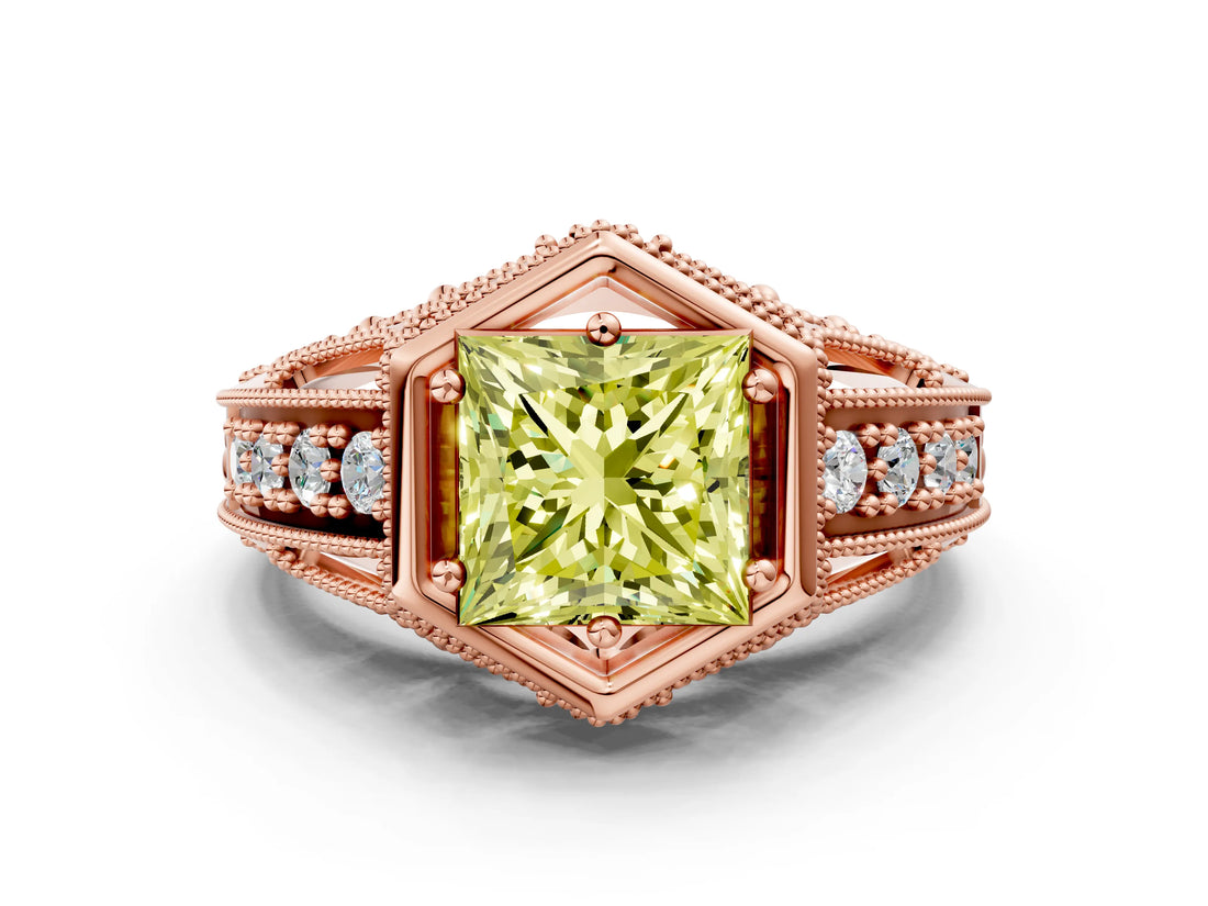 Rose gold Hexagon Bezel Fancy Yellow Princess Cut Diamond Milgrain Split Shank Ring_36