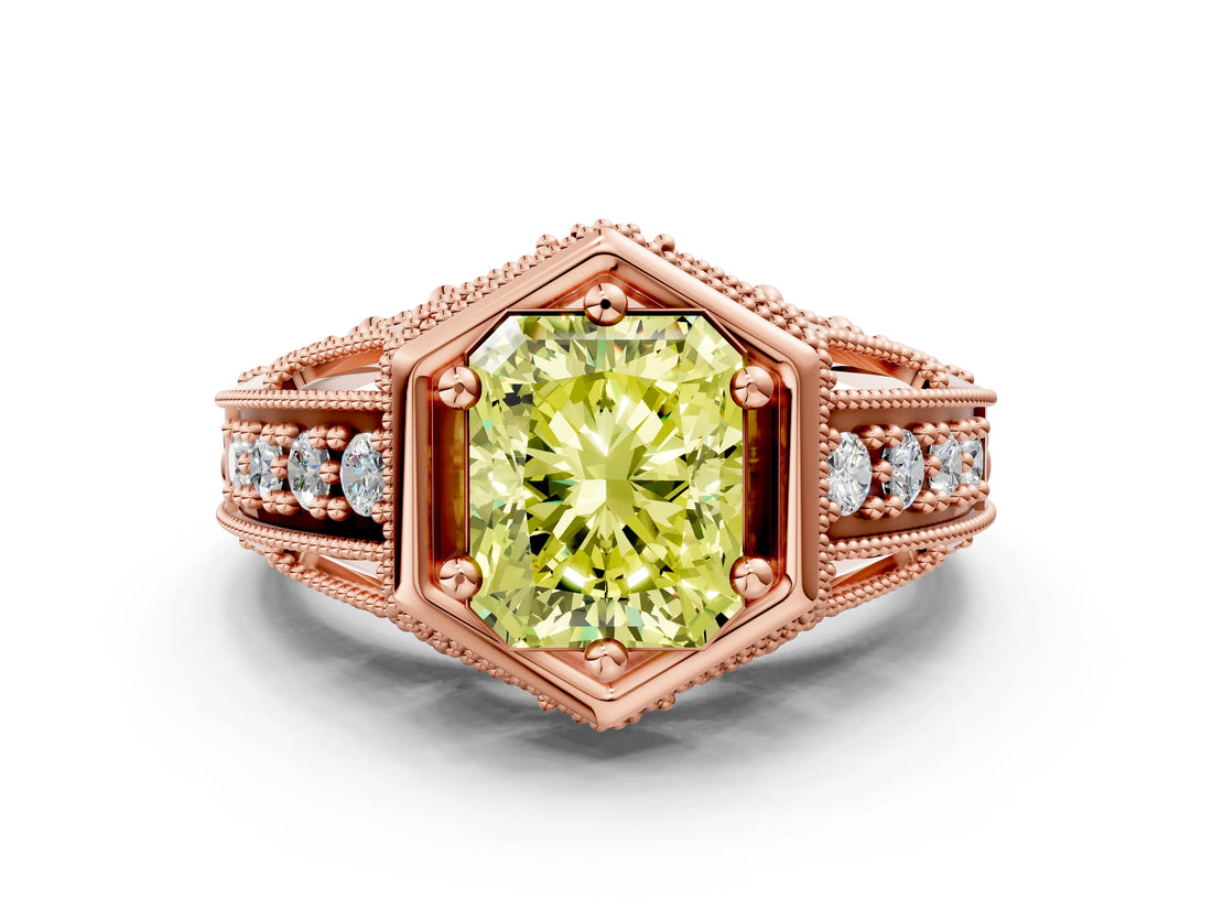 Rose gold Hexagon Bezel Fancy Yellow Radiant Cut Diamond Milgrain Split Shank Ring