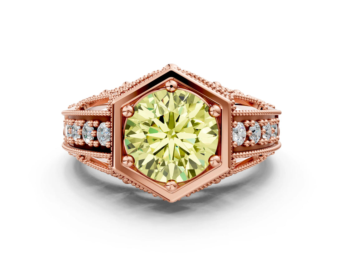 Rose gold Hexagon Bezel Fancy Yellow Round Cut Diamond Milgrain Split Shank Ring