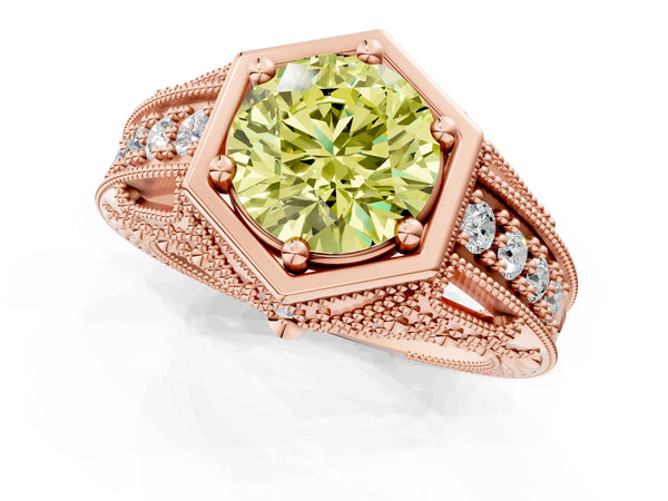 Rose gold Hexagon Bezel Fancy Yellow Round Cut Diamond Milgrain Split Shank Ring