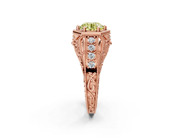 Rose gold Hexagon Bezel Fancy Yellow Round Cut Diamond Milgrain Split Shank Ring
