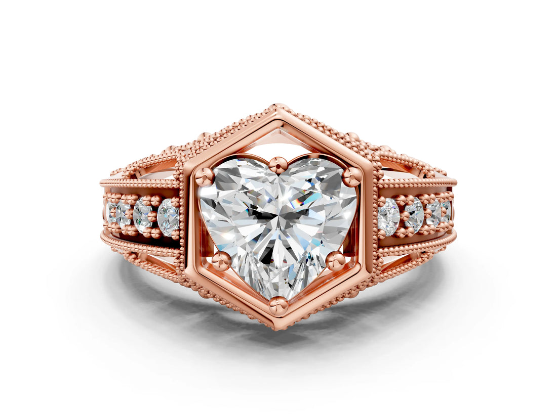 Rose gold Hexagon Bezel Heart Cut Diamond Milgrain Split Shank Ring_31