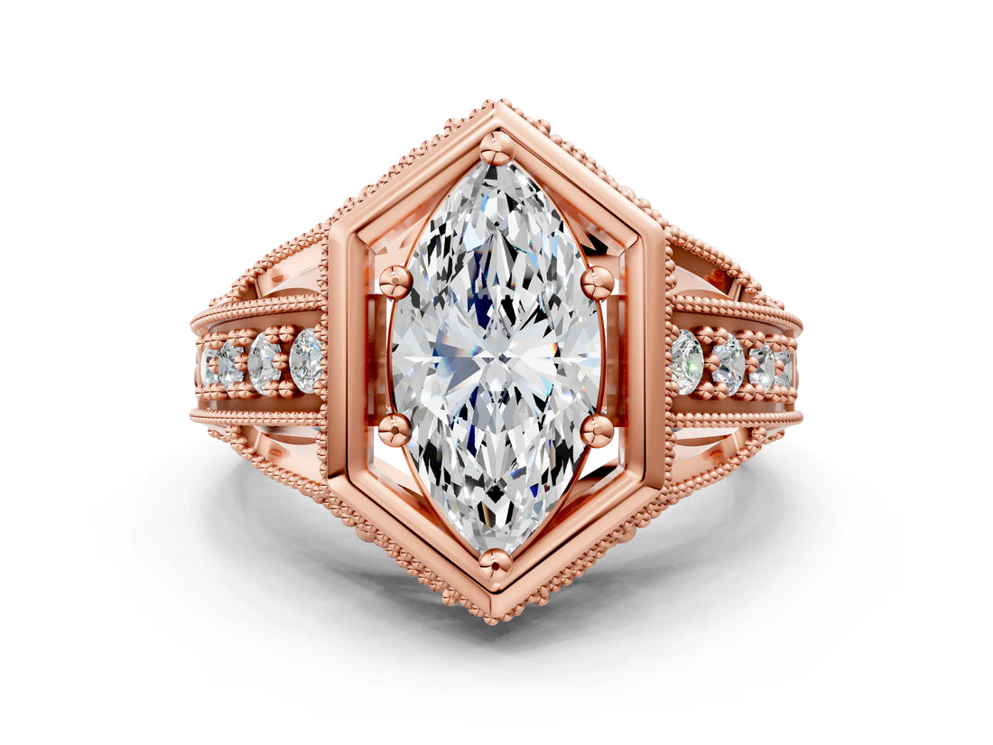 Rose gold Hexagon Bezel Marquise Cut Diamond Milgrain Split Shank Ring_7