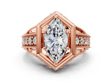 Rose gold Hexagon Bezel Marquise Cut Diamond Milgrain Split Shank Ring_7