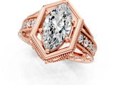 Rose gold Hexagon Bezel Marquise Cut Diamond Milgrain Split Shank Ring_8