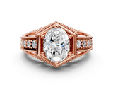 Rose gold Hexagon Bezel Oval Cut Diamond Milgrain Split Shank Ring_7