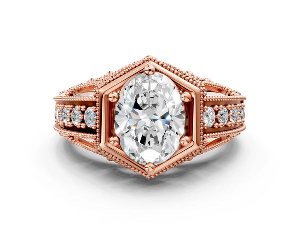 Rose gold Hexagon Bezel Oval Cut Diamond Milgrain Split Shank Ring