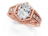 Rose gold Hexagon Bezel Oval Cut Diamond Milgrain Split Shank Ring_8