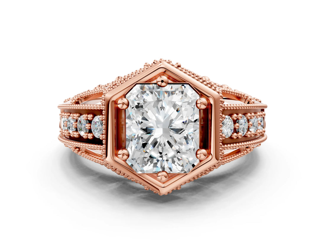 Rose gold Hexagon Bezel Radiant Cut Diamond Milgrain Split Shank Ring_7