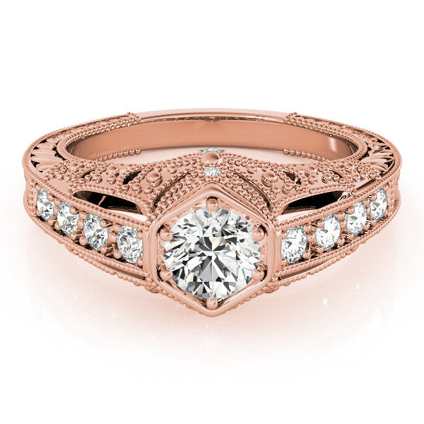 Rose gold Hexagon Bezel Round Diamond Milgrain Split Shank Ring 1