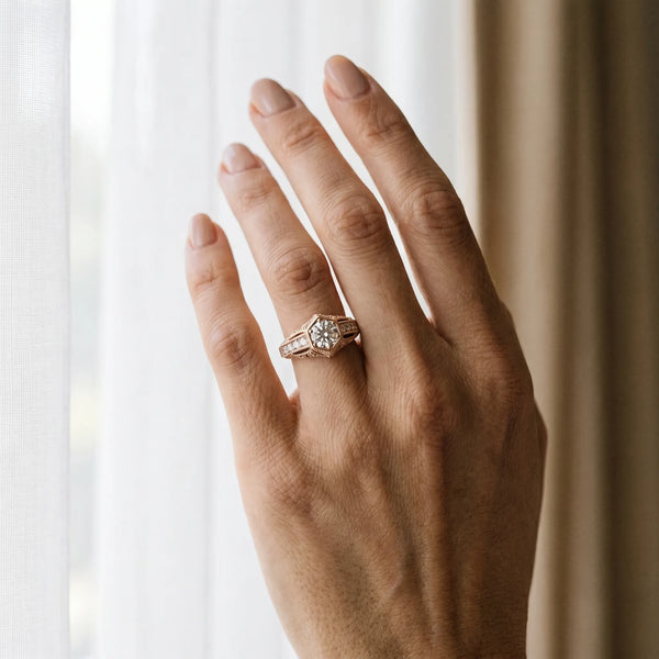 Rose gold Hexagon Bezel Round Diamond Milgrain Split Shank Ring