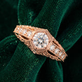 Rose gold Hexagon Bezel Round Diamond Milgrain Split Shank Ring_15