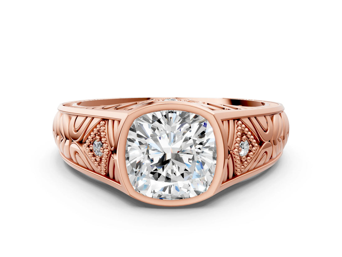 Rose gold Hexagonal Bezel Cushion Diamond Engraved Band Prong Ring_18