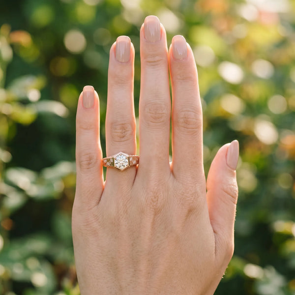 Rose gold Hexagonal Bezel Cushion Diamond Engraved Band Ring