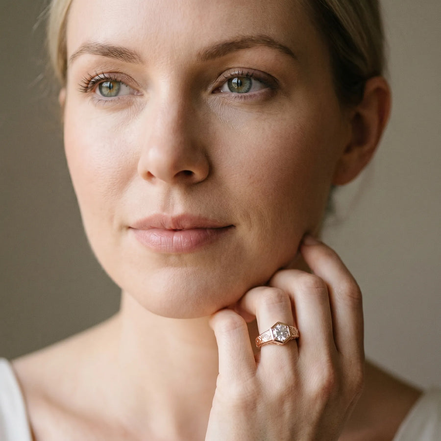 Rose gold Hexagonal Bezel Cushion Diamond Engraved Band Ring