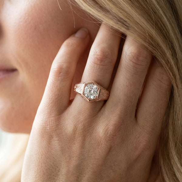 Rose gold Hexagonal Bezel Cushion Diamond Engraved Band Ring