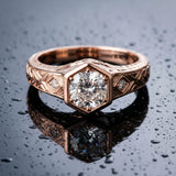 Rose gold Hexagonal Bezel Cushion Diamond Engraved Band Ring_9