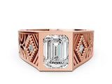 Rose gold Hexagonal Bezel Emerald Diamond Engraved Band Prong Ring_6