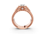 Rose gold Hexagonal Bezel Emerald Diamond Engraved Band Prong Ring_9