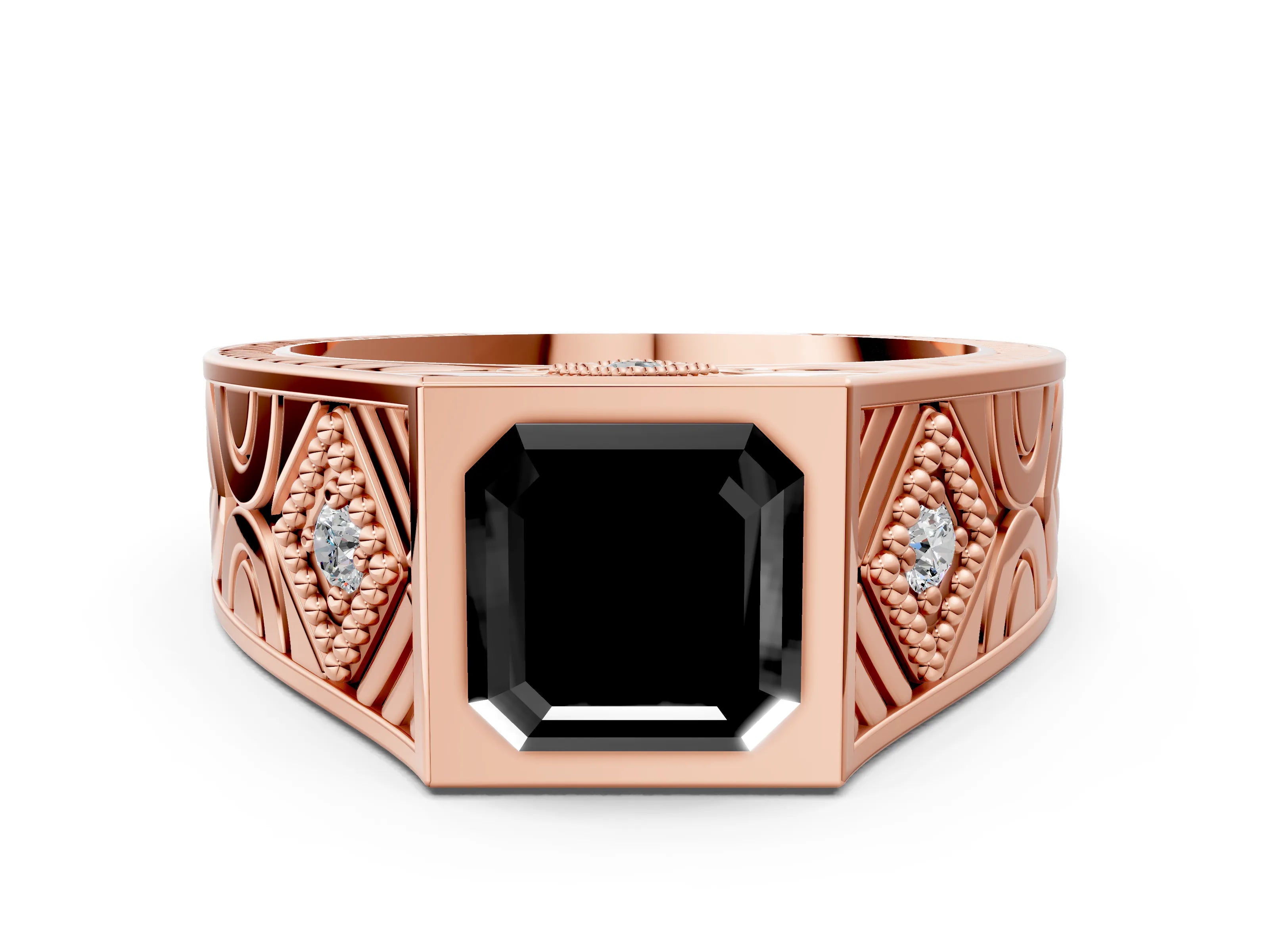 Rose gold Hexagonal Bezel Fancy Black Asscher Cut Diamond Engraved Band Prong Ring_12