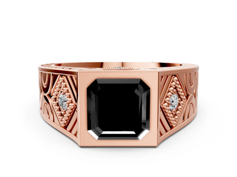 Rose gold Hexagonal Bezel Fancy Black Asscher Cut Diamond Engraved Band Prong Ring_12