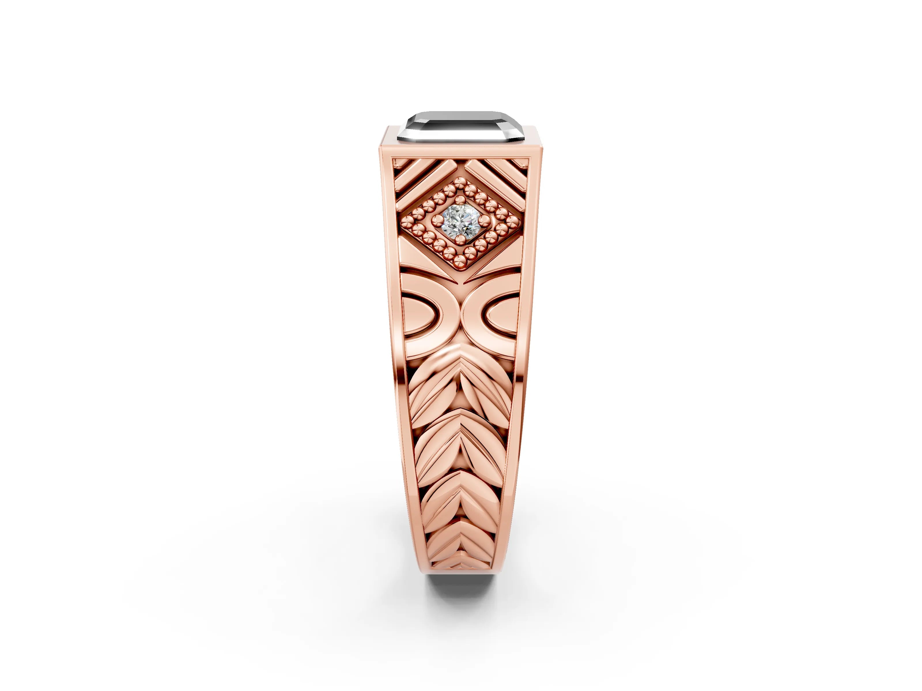 Rose gold Hexagonal Bezel Fancy Black Asscher Cut Diamond Engraved Band Prong Ring_14