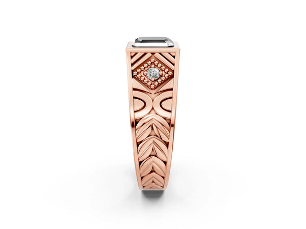 Rose gold Hexagonal Bezel Fancy Black Asscher Cut Diamond Engraved Band Prong Ring