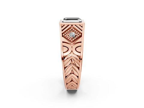 Rose gold Hexagonal Bezel Fancy Black Asscher Cut Diamond Engraved Band Prong Ring_14