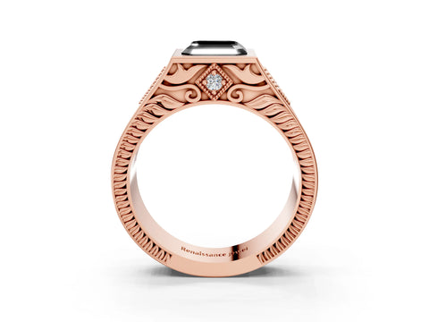 Rose gold Hexagonal Bezel Fancy Black Asscher Cut Diamond Engraved Band Prong Ring_15