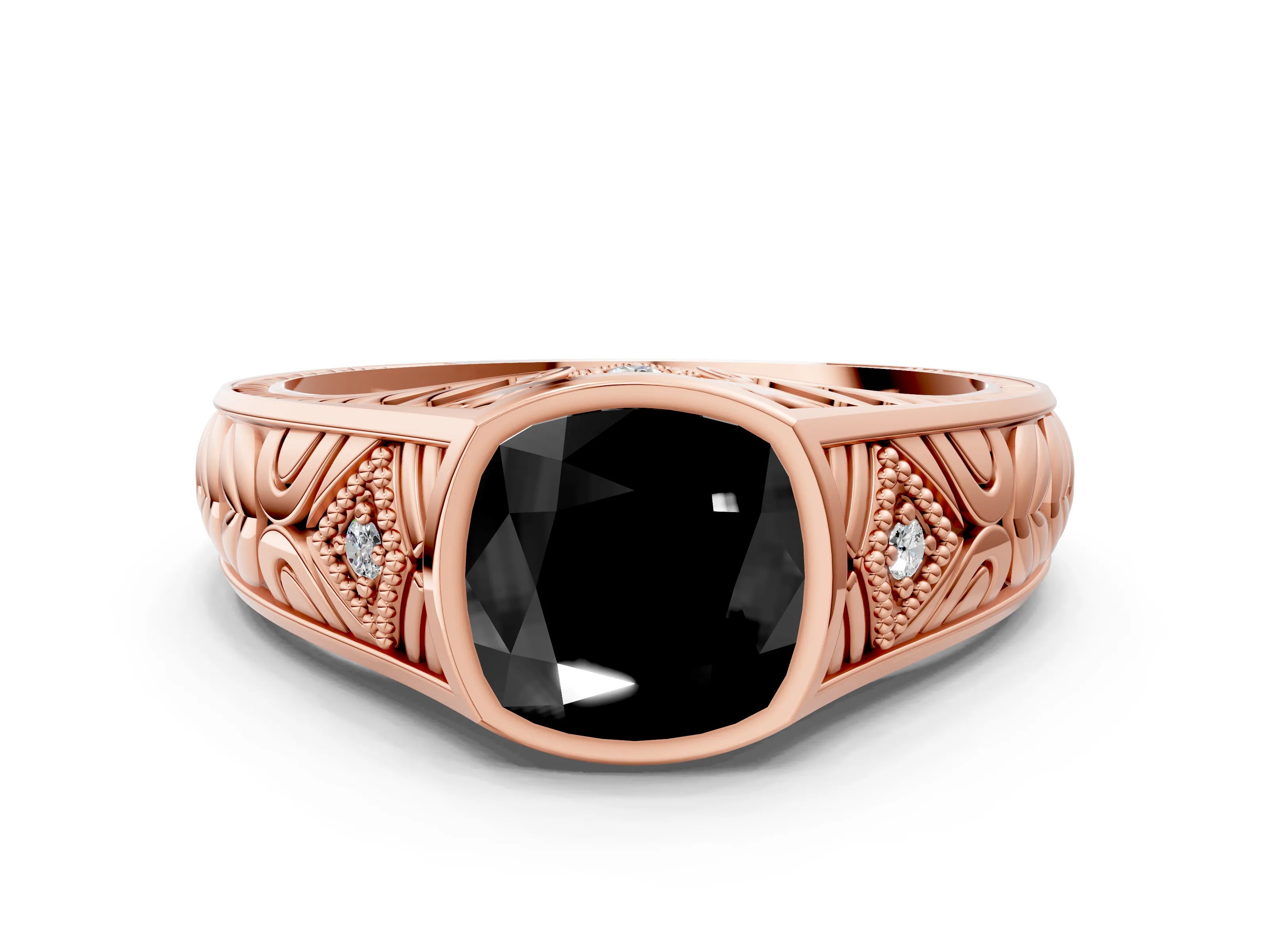 Rose gold Hexagonal Bezel Fancy Black Cushion Cut Diamond Engraved Band Prong Ring
