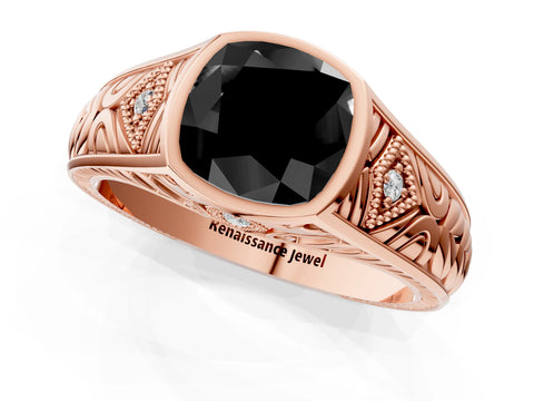 Rose gold Hexagonal Bezel Fancy Black Cushion Cut Diamond Engraved Band Prong Ring_1