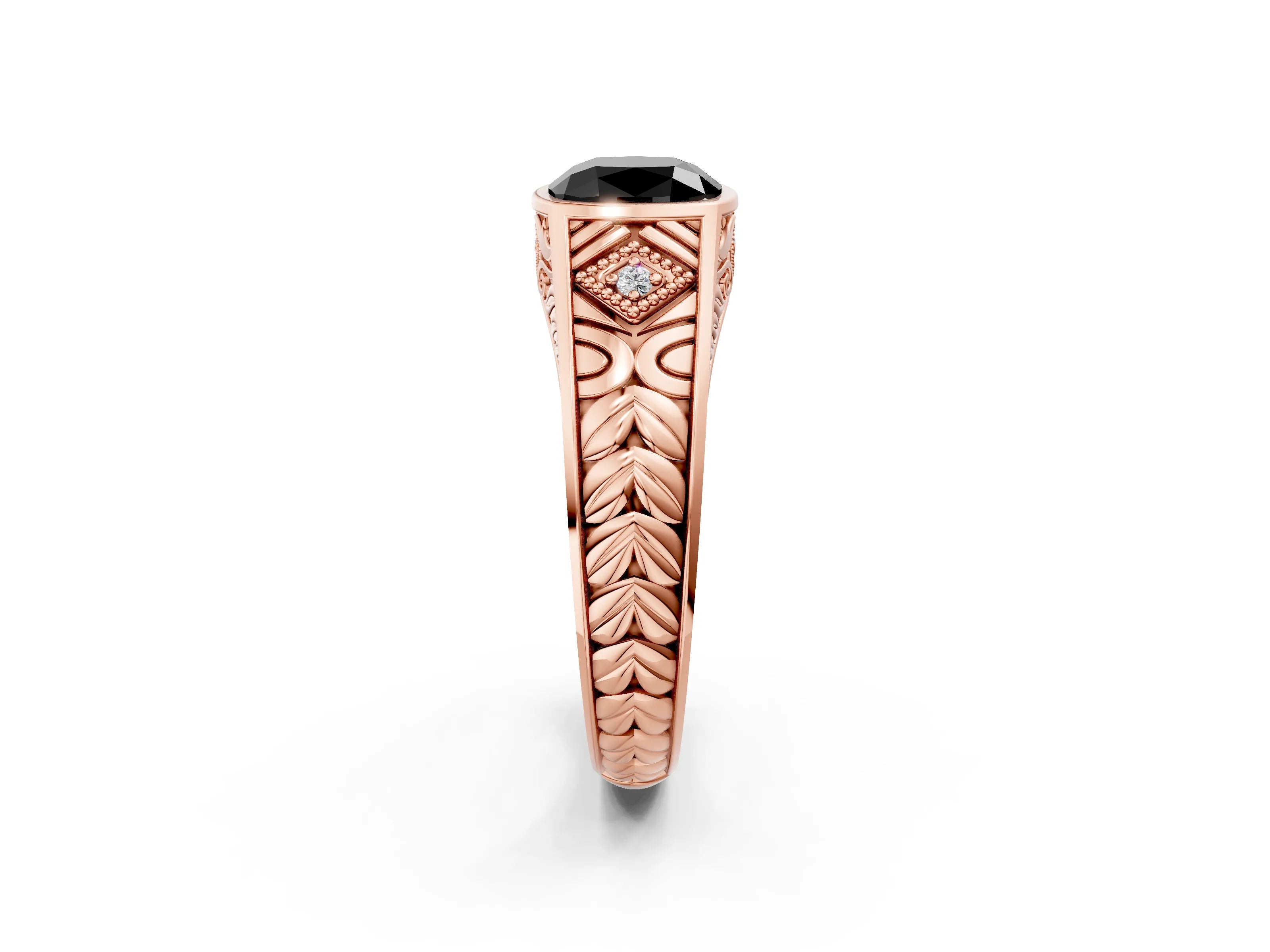 Rose gold Hexagonal Bezel Fancy Black Cushion Cut Diamond Engraved Band Prong Ring_2