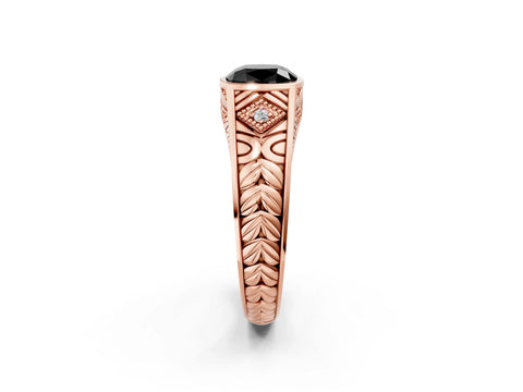 Rose gold Hexagonal Bezel Fancy Black Cushion Cut Diamond Engraved Band Prong Ring_2