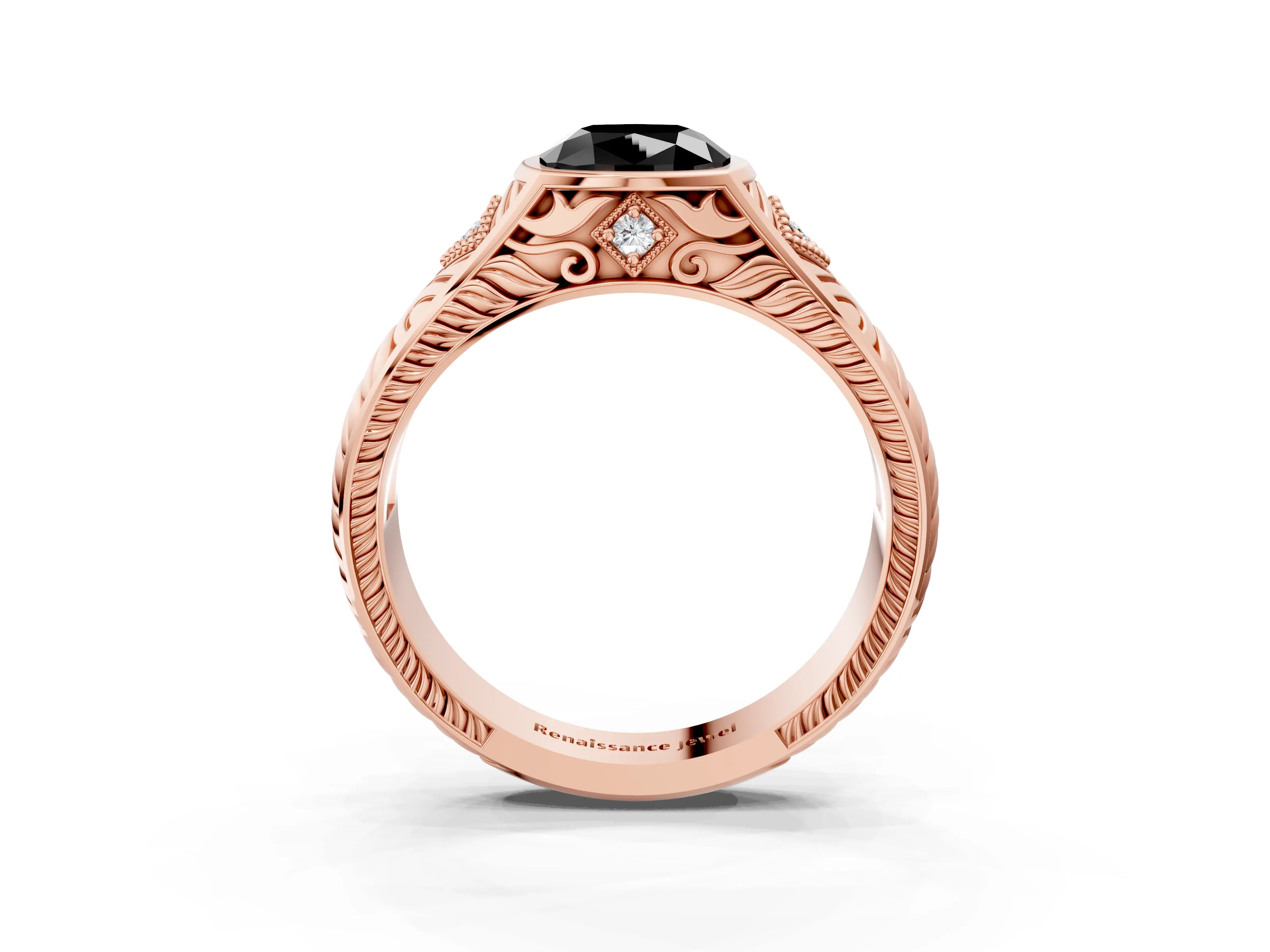 Rose gold Hexagonal Bezel Fancy Black Cushion Cut Diamond Engraved Band Prong Ring_3