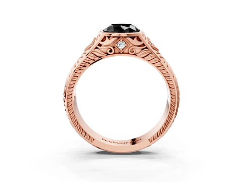 Rose gold Hexagonal Bezel Fancy Black Cushion Cut Diamond Engraved Band Prong Ring_3
