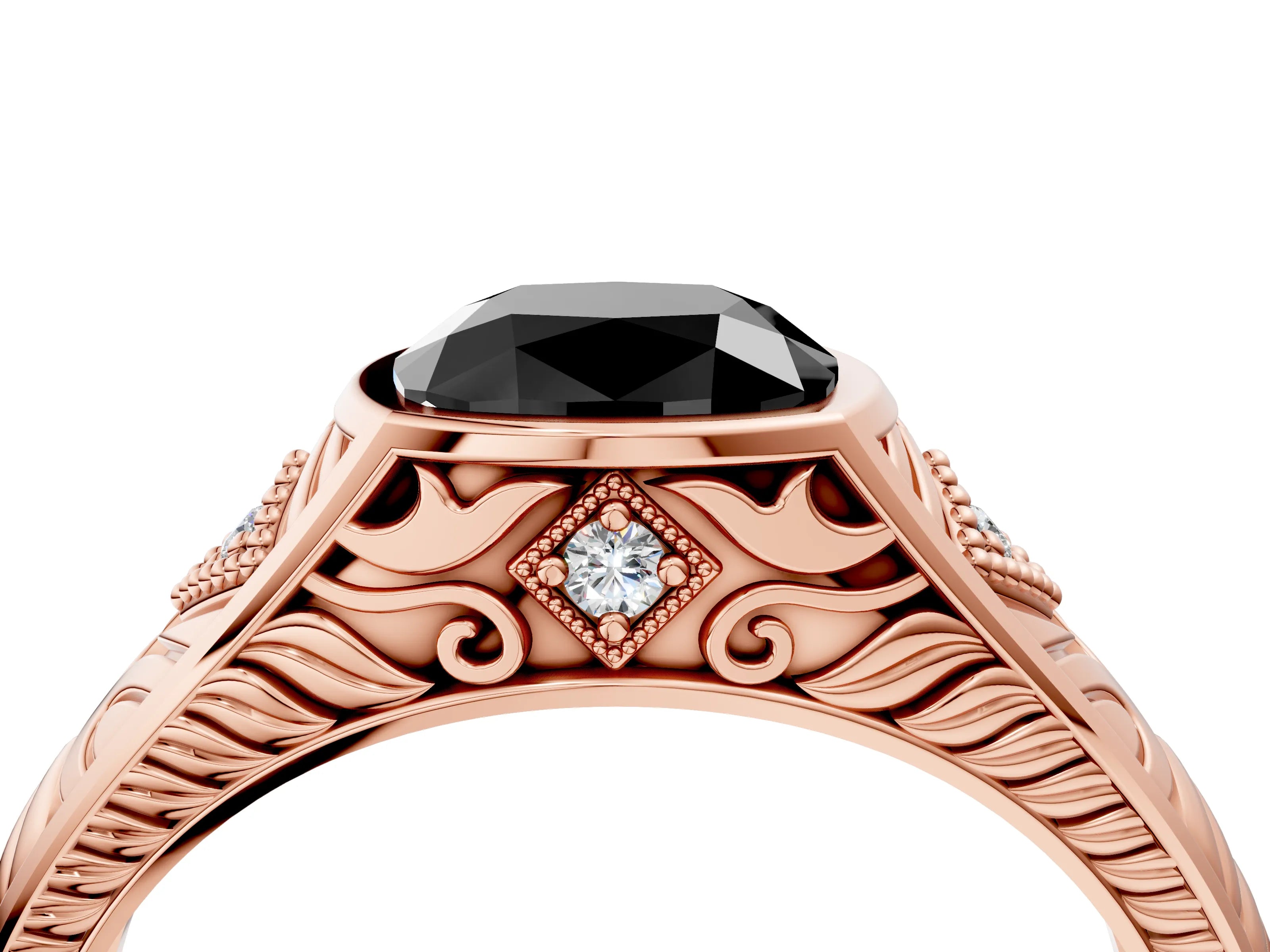 Rose gold Hexagonal Bezel Fancy Black Cushion Cut Diamond Engraved Band Prong Ring_4
