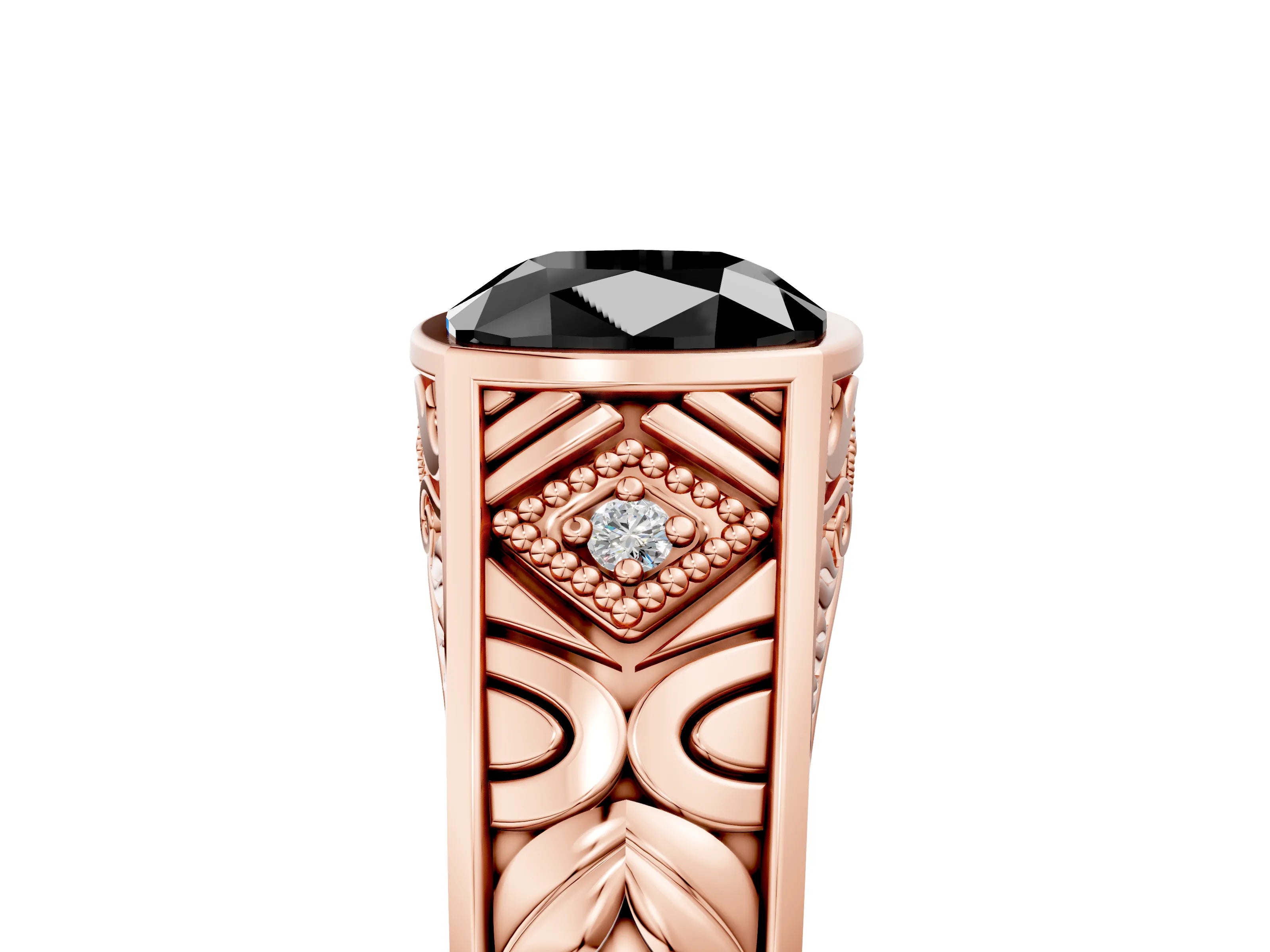Rose gold Hexagonal Bezel Fancy Black Cushion Cut Diamond Engraved Band Prong Ring_5